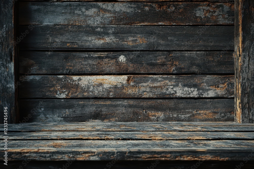 Rustic wooden shelf, dark, grunge background, product display Rustic wooden shelf, dark, grunge background, product display