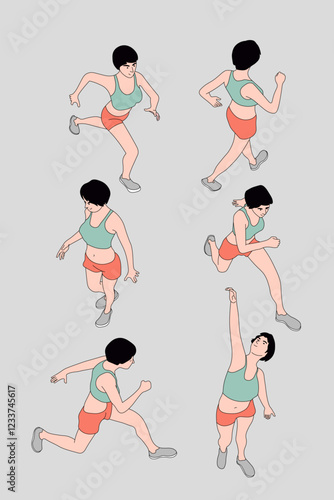 Running woman Character in isometric vector illustration, suitable for Exercises, running, jogging and health content, suitable for sport infographic, Poster of running poses, etc