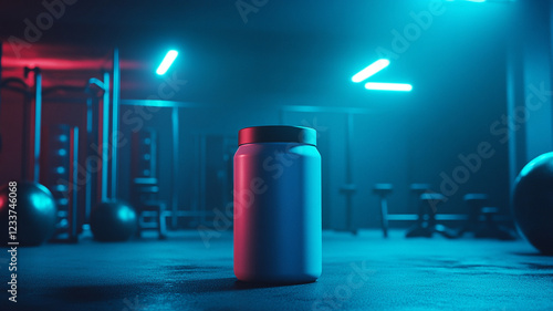 Protein Supplement in Gym: A sleek, white protein supplement container stands center stage in a dimly lit gym, bathed in vibrant blue and red neon lights.  The atmosphere is intense.