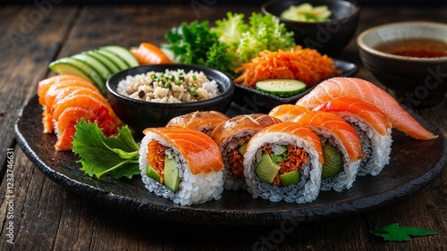 Japanese Sushi and Fresh Vegetables on a Wooden Table