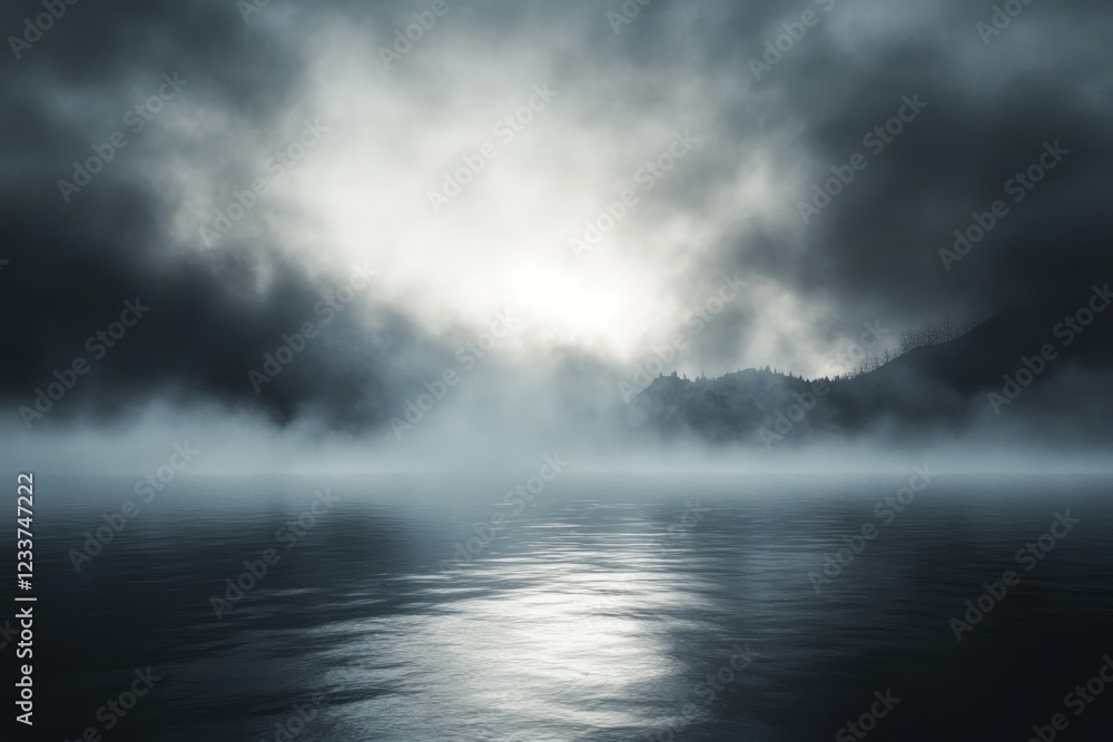 Fototapeta premium Dark foggy landscape reflection nature clouds.