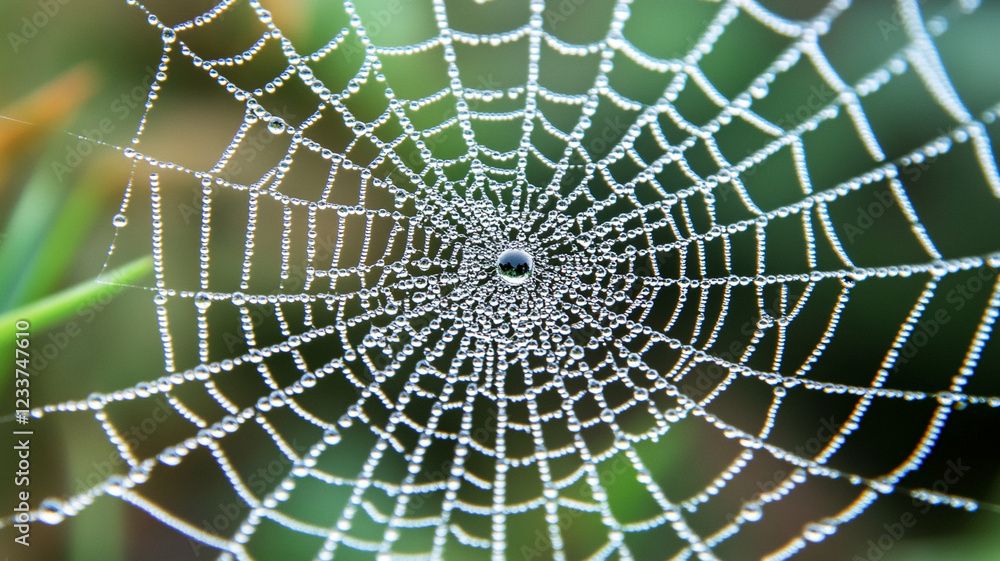 Obraz premium Dew-Kissed Spiderweb: A mesmerizing close-up shot of a spiderweb glistening with morning dew, intricate details and delicate strands highlighted against a soft green bokeh background.