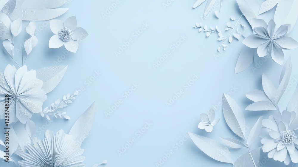 A delicate illustration of soft paper cut flowers on a light blue, empty background, designed for a wedding mockup. A delicate illustration of soft paper cut flowers on a light blue, empty background, designed for a wedding mockup.