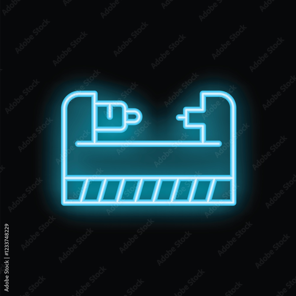 Neon blue icon of a lathe machine glowing on a black background Neon blue icon of a lathe machine glowing on a black background