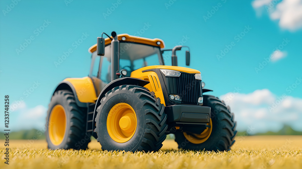 Obraz premium Yellow tractor in a field, sunny day, agriculture