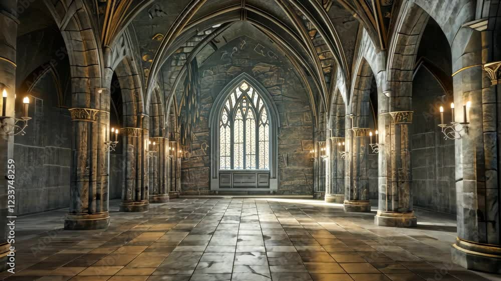 Grand Hall Interior: An atmospheric image of a grand, gothic hall interior, featuring intricate stone arches, ornate columns, and a large stained glass window. Grand Hall Interior: An atmospheric image of a grand, gothic hall interior, featuring intricate stone arches, ornate columns, and a large stained glass window.