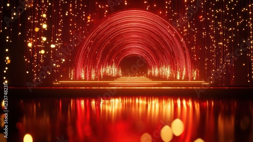 A dazzling red and gold stage illuminated by sparkling lights, set against a dark background, perfect for an upcoming festive ceremony. photo