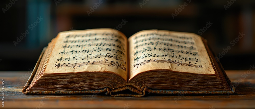 Obraz premium An open antique book displaying sheet music on a wooden table.
