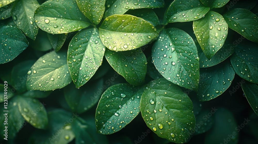 Fototapeta premium Dew-Kissed Leaves: A Symphony of Green