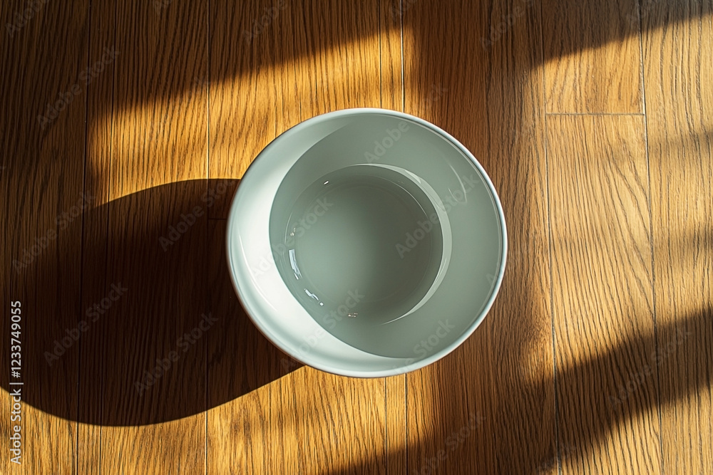 Minimalist still life of a white ceramic bowl on a wooden floor with light and shadow Minimalist still life of a white ceramic bowl on a wooden floor with light and shadow