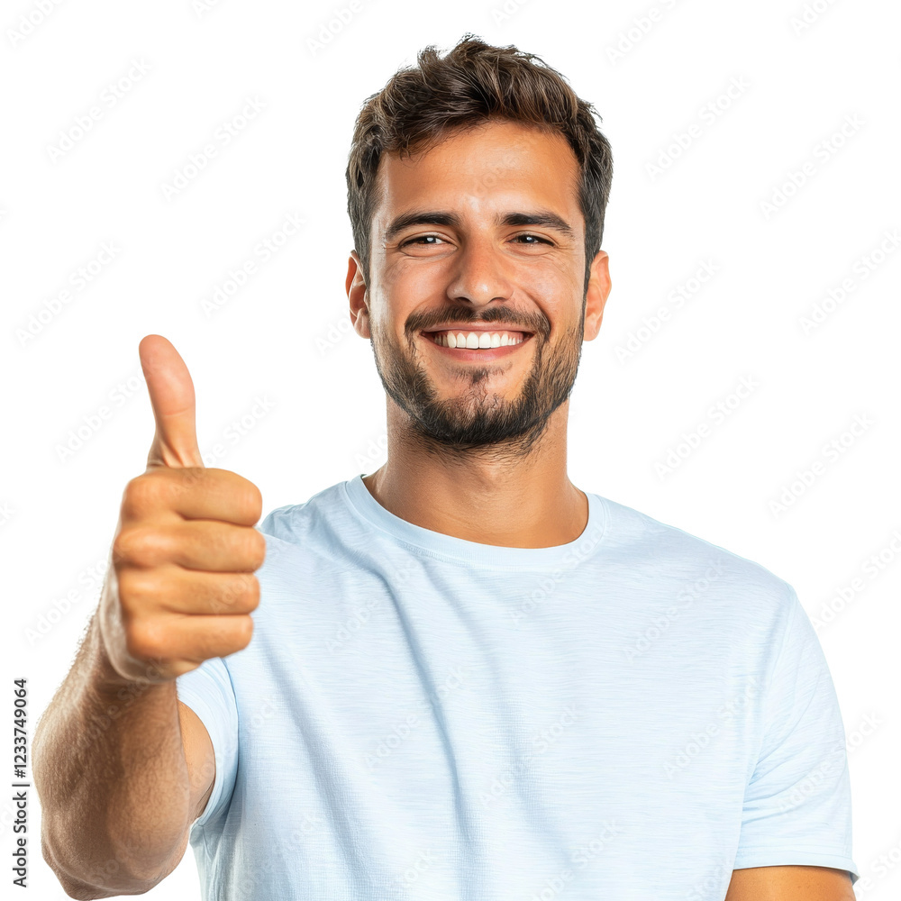 smiling man giving thumbs up, expressing positivity and confidence. He has short hair and is wearing light blue t shirt smiling man giving thumbs up, expressing positivity and confidence. He has short hair and is wearing light blue t shirt