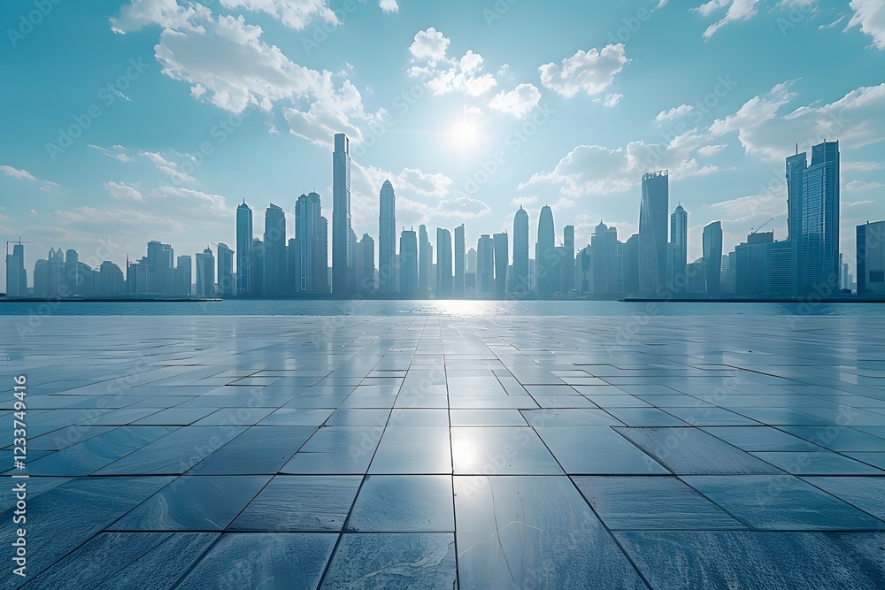 Majestic Urban Skyline with Towering Skyscrapers and Reflective Glass Facade Majestic Urban Skyline with Towering Skyscrapers and Reflective Glass Facade