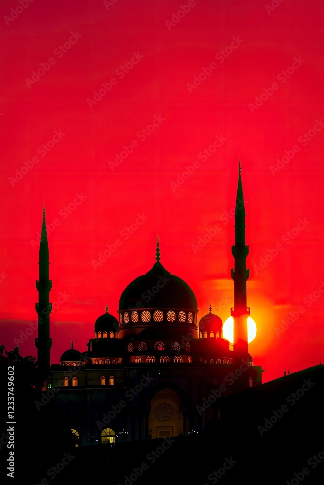 Fototapeta premium Majestic Mosque Silhouette at Sunset: A Fiery Red Artistic Depiction