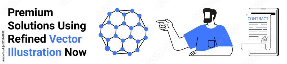 Molecular structure, man gesturing, and signed document represent innovation, teamwork, agreement. Ideal for science, technology, business, education research solutions flat landing page banner Molecular structure, man gesturing, and signed document represent innovation, teamwork, agreement. Ideal for science, technology, business, education research solutions flat landing page banner