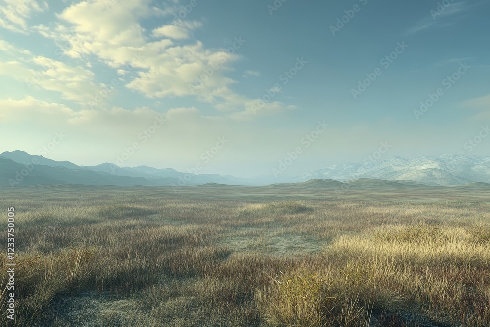 Serene autumn grassland, mountains background, landscape design Serene autumn grassland, mountains background, landscape design