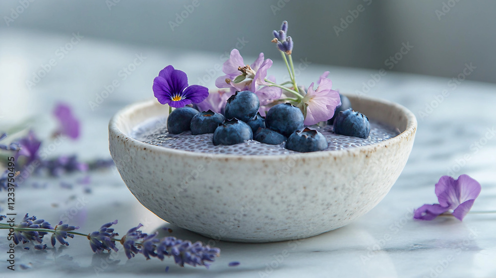 Dreamy Lavender Infused Chia Pudding in Porcelain Bowl Ai Image. Dreamy Lavender Infused Chia Pudding in Porcelain Bowl Ai Image.