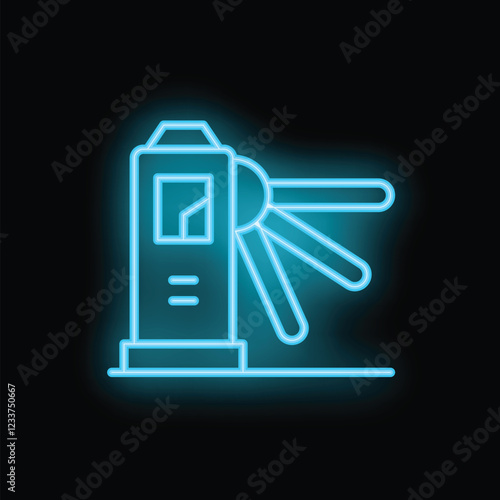 Blue neon icon of a turnstile gate glowing on a black background