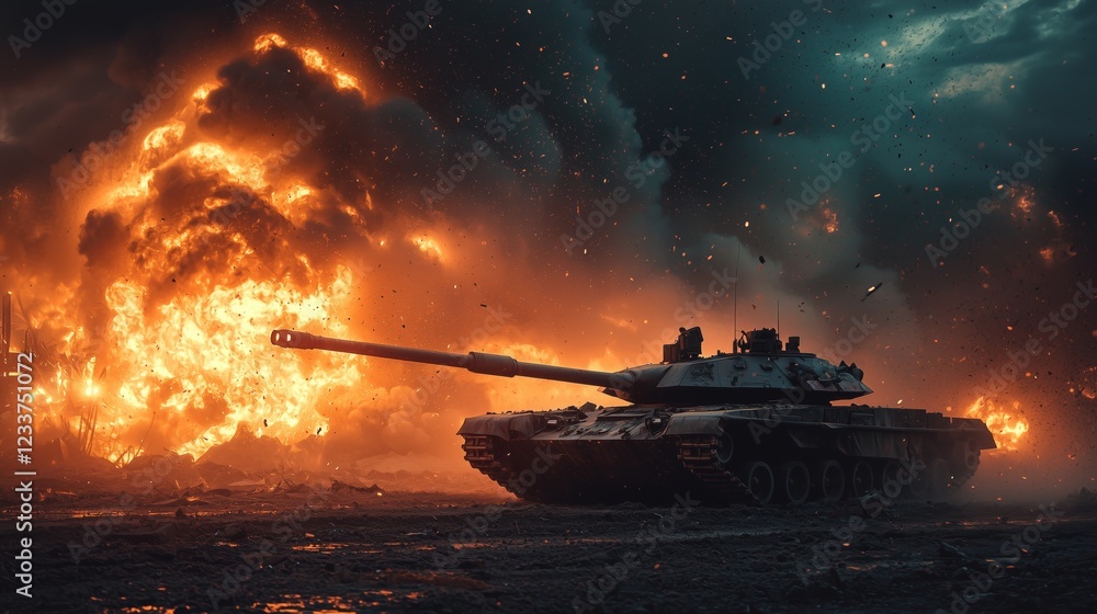 Fototapeta premium Urban Destruction and Dust Particles After a Dramatic Tank Explosion