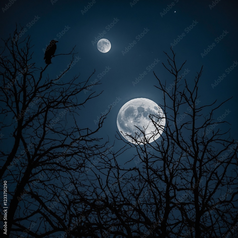 Fototapeta premium A full moon illuminating an eerie scene with a single raven.
