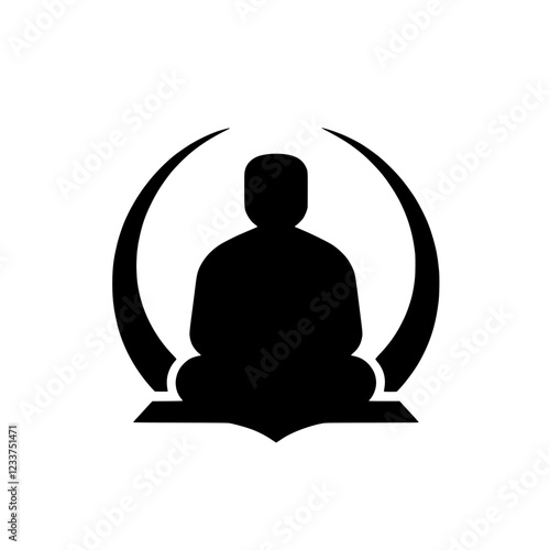 Enlightened Serenity: A minimalist silhouette of a person in meditation pose, encircled by an open book, symbolizing the pursuit of knowledge and inner peace. 