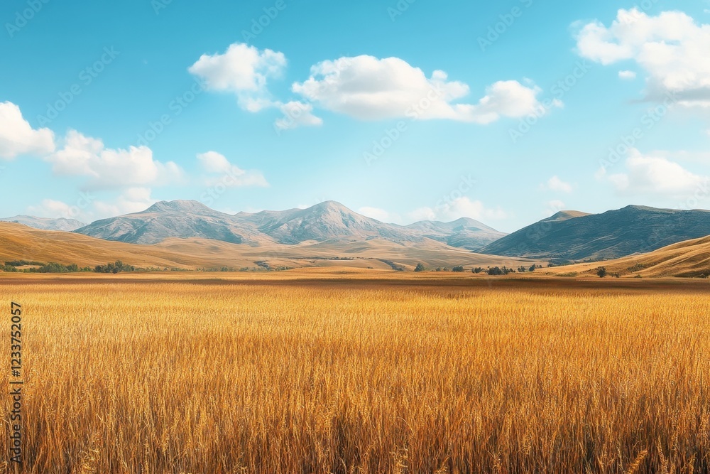 Golden wheat field, mountain backdrop, sunny day, landscape, postcard Golden wheat field, mountain backdrop, sunny day, landscape, postcard