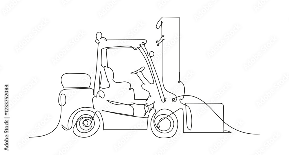 Naklejka premium Continuous one line drawing of a forklift. Minimalist black and white lift truck illustration for logistics, warehouse, and shipping industry concepts.
