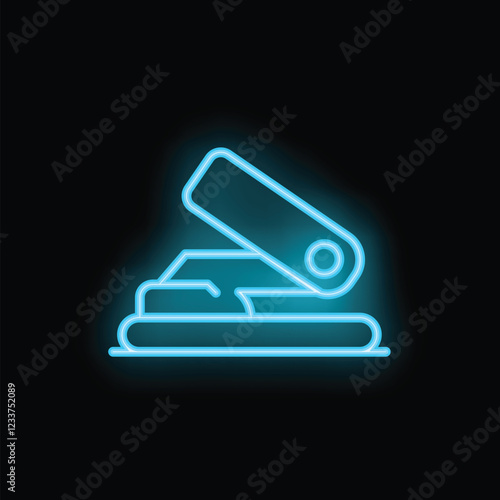 Glowing neon blue hole punch icon on a black background