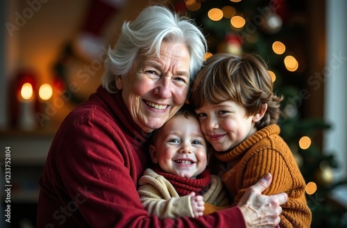 Loving senior grandmother hugging cute happy grandchildren during winter holidays at home