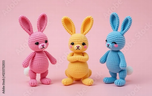 Photo of three cute rabbit dolls, made from knitted yarn and with different expressions. photo