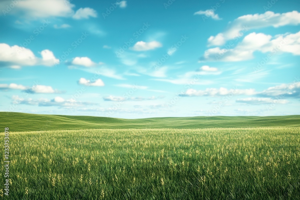 Sunny day, green rolling hills, wheat field, blue sky, pastoral landscape, nature background, idyllic scene, tranquil view, for travel and nature website Sunny day, green rolling hills, wheat field, blue sky, pastoral landscape, nature background, idyllic scene, tranquil view, for travel and nature website