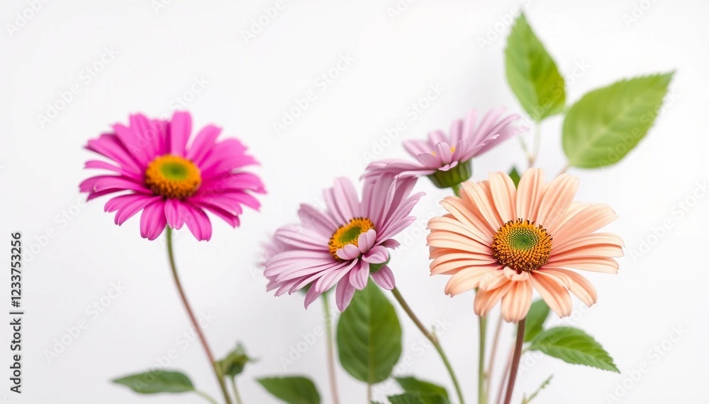 Fototapeta premium Close-up of a bouquet of colorful gerbera daisies in shades of pink, peach, and lavender, set against a plain white background