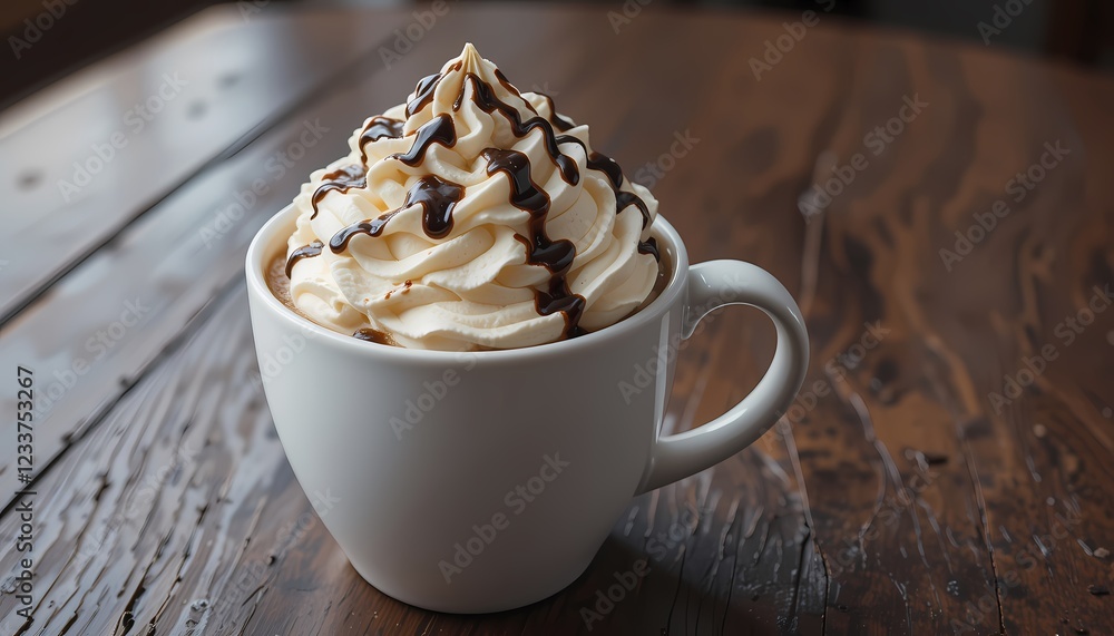 Delicious hot chocolate with whipped cream and chocolate syrup. Delicious hot chocolate with whipped cream and chocolate syrup.