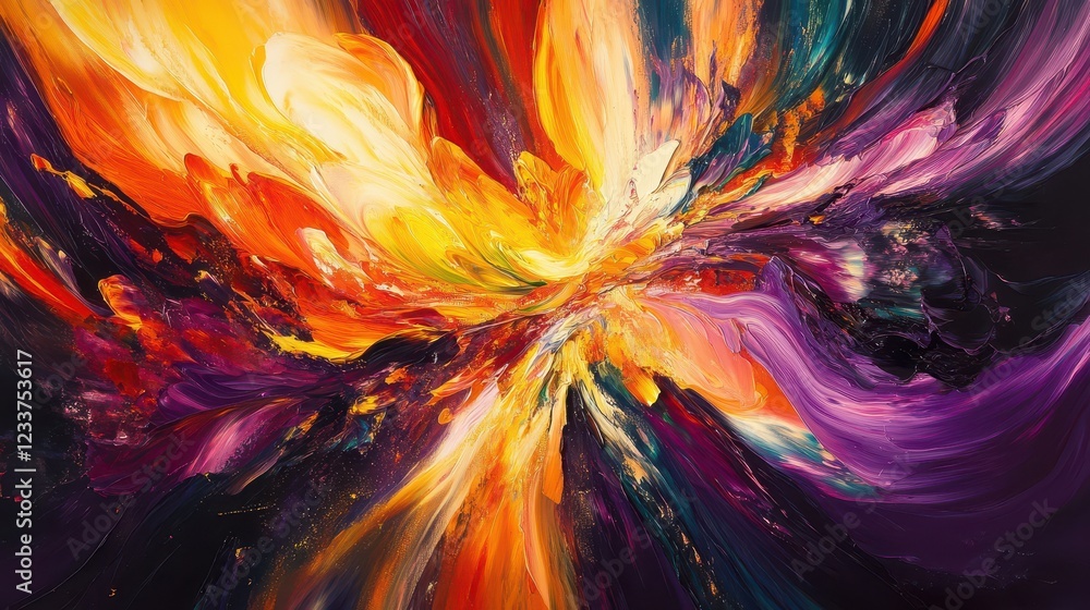 Obraz premium A dynamic abstract explosion of oil paint, showcasing vibrant colors and shapes against a dark, motion-filled background.
