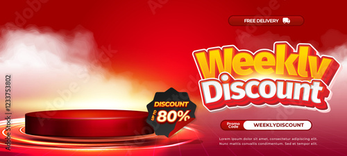 Weekly Sale discount deals vibrant red gradient Editable text effect Showcase Podium light Spiral portal Horizontal banner promotional