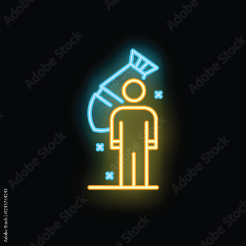 Neon sign representing the concept of war looming with a man standing under a falling bomb