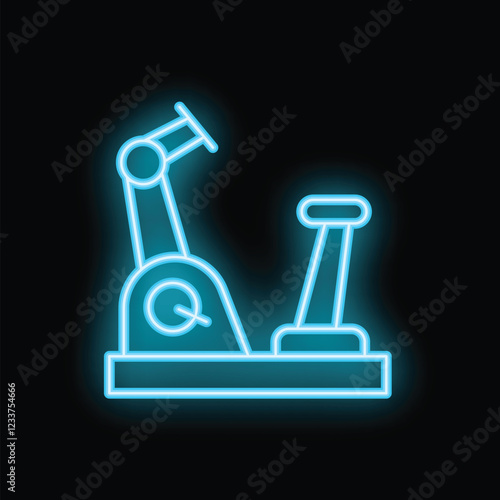 Blue neon stationary bicycle shining in the dark, representing a fitness concept