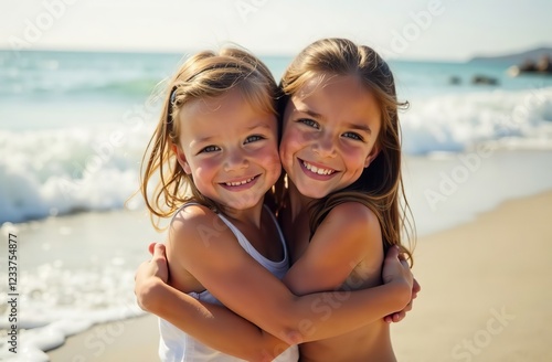 Siblings hugging at the beach on a sunny day on vacation. Cute smiling siblings hugging on beach