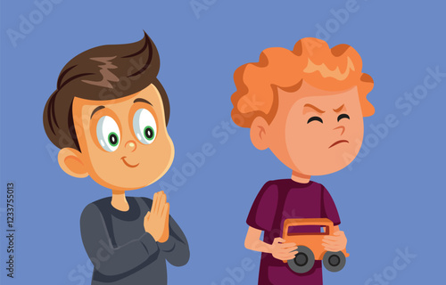 Selfish Kid Does Not  Share Toy Vector Cartoon Illustration. Mean child possessive with toys not sociable with friends