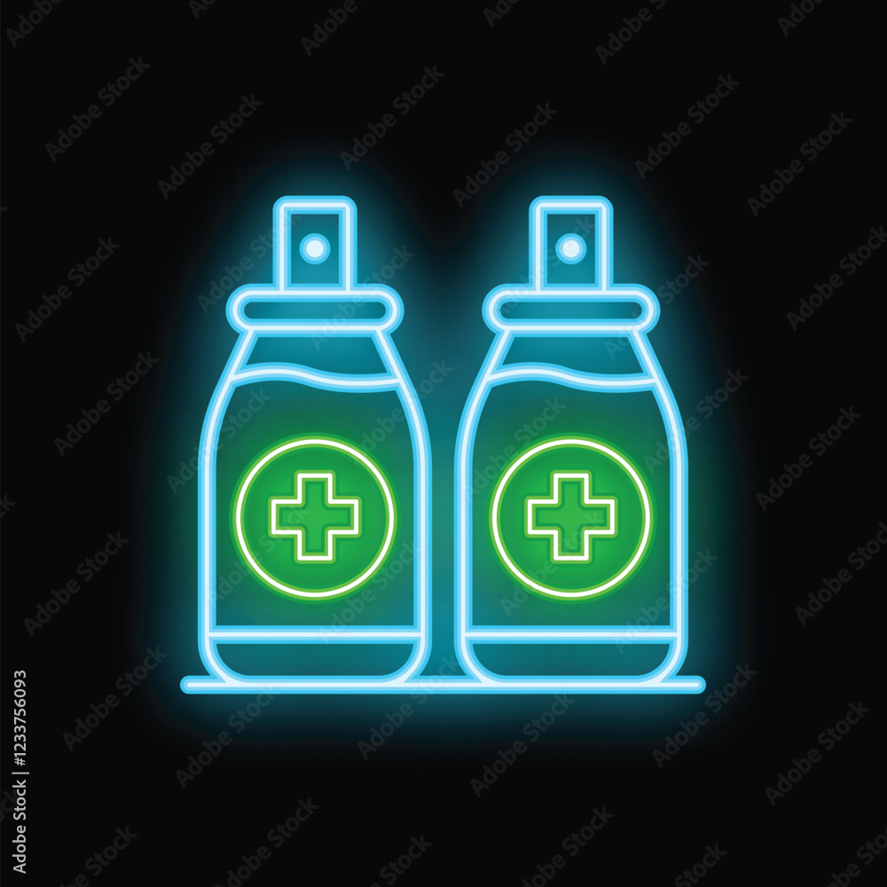 Glowing neon line medical bottles with cross sign icon isolated on black background. Colorful outline concept. Vector illustration Glowing neon line medical bottles with cross sign icon isolated on black background. Colorful outline concept. Vector illustration