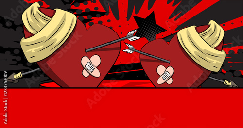 Comic Book Product podium stage for mockup presentation with Broken Heart. Retro comics background.