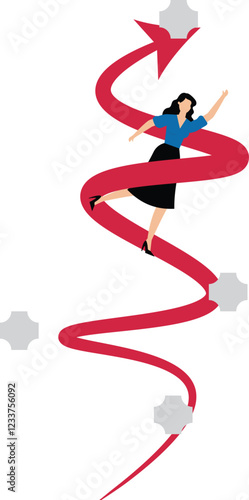 Successful growth and development, achieving business or career goals, completing tasks to reach goals, rising arrows entwined with clenched fists shouting at businesswomen