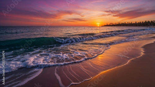 Beautiful Tropical Beach Sunset with Colorful Sky and Ocean