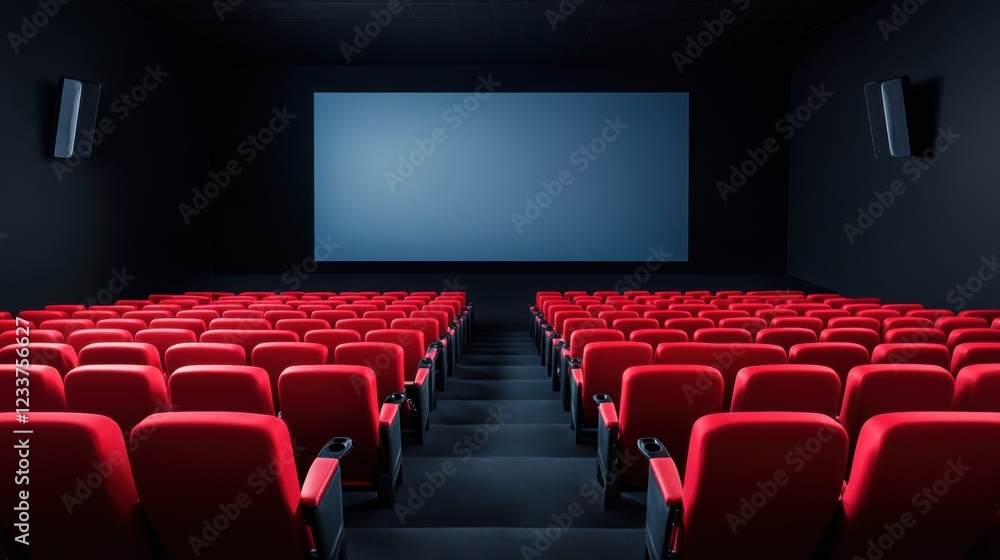 Fototapeta premium Modern Movie Theater Interiors with Empty Red Seats and Large Screen Ready for Film Screening Experience
