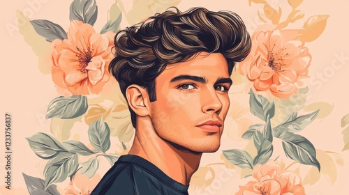 A fashionable pop art portrait of a handsome man with a stylish haircut stands out against a blooming floral background. photo