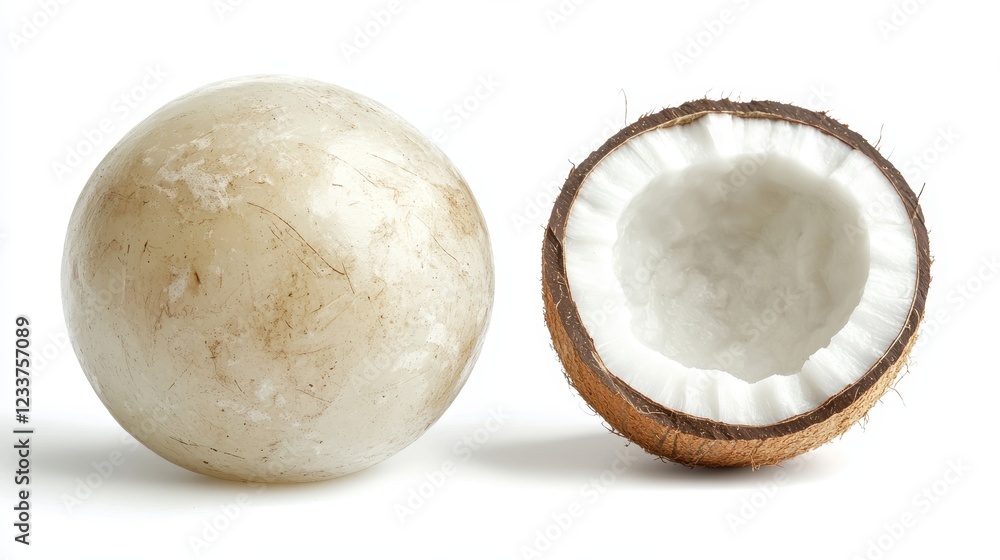 A whole coconut and a halved coconut with the white flesh exposed, showing the rich texture and tropical aroma against a clean white background. aroma. A whole coconut and a halved coconut with the white flesh exposed, showing the rich texture and tropical aroma against a clean white background. aroma.