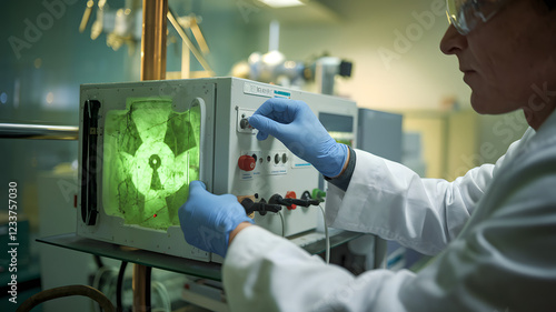 Scientist in protective gear operating advanced radiation equipment, showcasing dedication to scientific research and safety protocols.