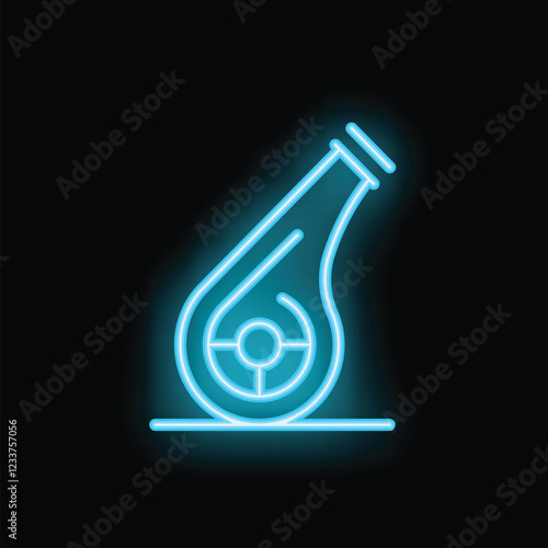 Blue neon sign representing a futuristic monowheel vehicle on a black background