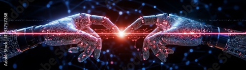 Two futuristic, digital hands reach towards each other, with a glowing orb at their fingertips, symbolizing connection and technology.