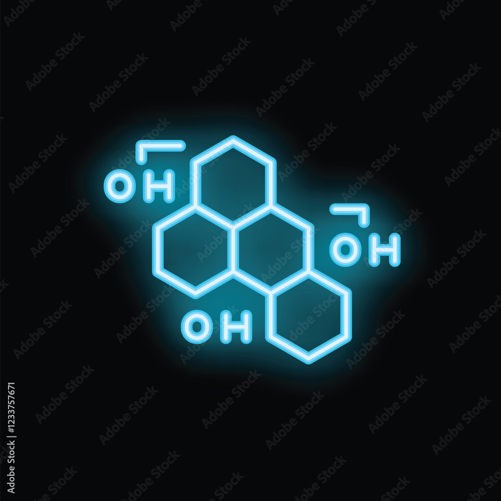 Fototapeta premium Blue neon sign depicting a chemical formula glowing against a black background