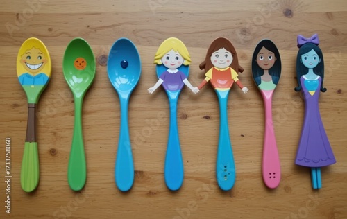 A set of cute children's cutlery with cartoon motifs photo